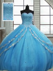 Baby Blue Lace Up Sweetheart Beading and Appliques and Sequins Vestidos de Quinceanera Tulle Sleeveless