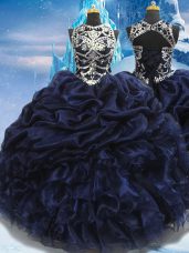 Great Floor Length Navy Blue Quinceanera Dress High-neck Sleeveless Lace Up