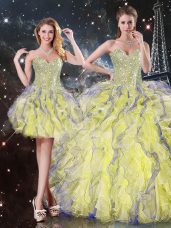 Yellow Ball Gowns Organza Sweetheart Sleeveless Beading and Ruffles Floor Length Lace Up Quinceanera Gown