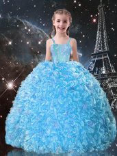 Organza Straps Sleeveless Lace Up Beading and Ruffles Little Girls Pageant Gowns in Aqua Blue