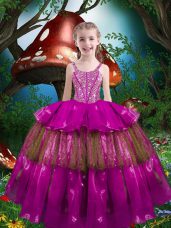 Trendy Fuchsia Organza Lace Up Child Pageant Dress Sleeveless Floor Length Beading and Ruffled Layers