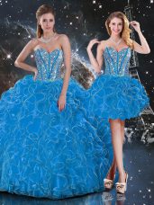 Baby Blue 15 Quinceanera Dress Military Ball and Sweet 16 and Quinceanera with Beading and Ruffles Sweetheart Sleeveless Lace Up