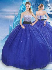 Discount Royal Blue Sleeveless Tulle Lace Up Sweet 16 Dresses for Military Ball and Sweet 16 and Quinceanera
