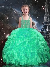 Wonderful Spaghetti Straps Sleeveless Kids Pageant Dress Floor Length Beading and Ruffles Apple Green Organza