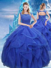 Bateau Sleeveless Lace Up Sweet 16 Dresses Royal Blue Organza