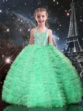 Graceful Ball Gowns Pageant Gowns For Girls Apple Green Straps Tulle Sleeveless Floor Length Lace Up