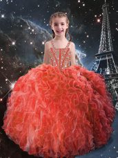 Coral Red Ball Gowns Straps Sleeveless Organza Floor Length Lace Up Beading and Ruffles Little Girl Pageant Gowns