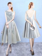 Customized Silver Satin Backless Bridesmaid Dress Sleeveless Tea Length Appliques