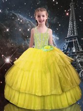 Sleeveless Tulle Floor Length Lace Up Kids Pageant Dress in Light Yellow with Beading and Ruffled Layers