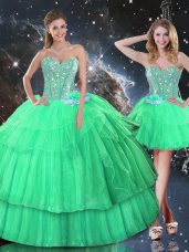 Graceful Apple Green Sweetheart Neckline Ruffled Layers and Sequins 15th Birthday Dress Sleeveless Lace Up