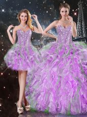 On Sale Lilac Sleeveless Floor Length Beading and Ruffles Lace Up 15 Quinceanera Dress