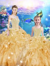 Gold Quinceanera Dress Military Ball and Sweet 16 and Quinceanera with Beading and Ruffles Sweetheart Sleeveless Lace Up