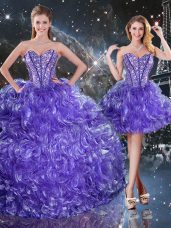 Deluxe Purple Quinceanera Gown Military Ball and Sweet 16 and Quinceanera with Beading and Ruffles Sweetheart Sleeveless Lace Up