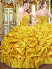 Excellent Beading and Pick Ups 15th Birthday Dress Gold Lace Up Sleeveless Floor Length