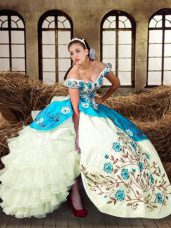 Beauteous Multi-color Ball Gowns Taffeta Off The Shoulder Sleeveless Embroidery and Ruffled Layers Floor Length Lace Up Quinceanera Dresses