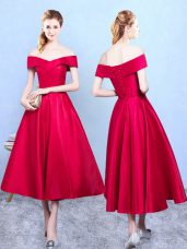 Vintage Tea Length Wine Red Bridesmaids Dress Off The Shoulder Sleeveless Lace Up