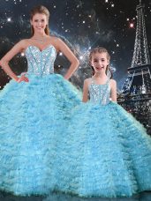Floor Length Lace Up Sweet 16 Quinceanera Dress Light Blue for Military Ball and Sweet 16 and Quinceanera with Beading and Ruffles