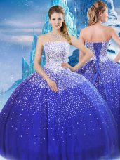 Modest Tulle Sleeveless Floor Length Quinceanera Gown and Beading