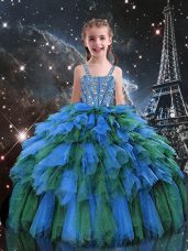 Blue Straps Lace Up Beading and Ruffles Little Girls Pageant Dress Sleeveless