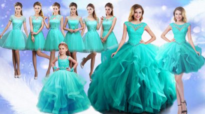 Discount Turquoise Scoop Lace Up Beading and Lace Ball Gown Prom Dress Sleeveless
