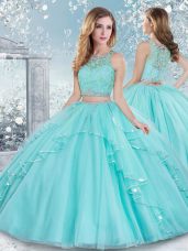 Aqua Blue Sleeveless Floor Length Beading and Lace Clasp Handle Quinceanera Gowns