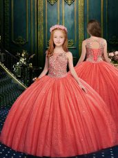 Watermelon Red Ball Gowns Appliques Child Pageant Dress Lace Up Tulle Sleeveless Floor Length