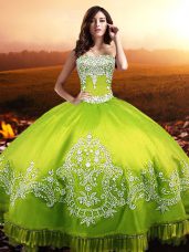 Yellow Green Ball Gowns Sweetheart Sleeveless Taffeta Floor Length Lace Up Beading and Appliques Quince Ball Gowns