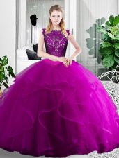 Beautiful Fuchsia Vestidos de Quinceanera Military Ball and Sweet 16 and Quinceanera with Lace and Ruffles Scoop Sleeveless Zipper