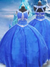Beauteous Blue 15th Birthday Dress Military Ball and Sweet 16 and Quinceanera with Beading V-neck Sleeveless Zipper