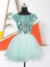 Apple Green Scoop Neckline Sequins Prom Gown Short Sleeves Lace Up