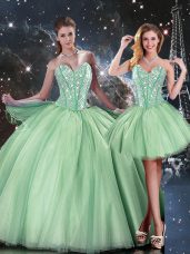 Luxury Apple Green Tulle Lace Up Sweetheart Sleeveless Floor Length Sweet 16 Quinceanera Dress Beading