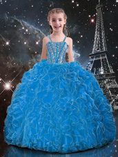 Floor Length Lace Up Little Girls Pageant Dress Baby Blue for Quinceanera and Wedding Party with Beading and Ruffles