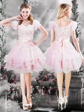 Elegant Baby Pink Short Sleeves Knee Length Beading and Appliques and Ruffles and Hand Made Flower Lace Up Prom Gown