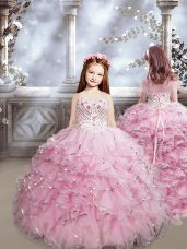 Cheap Sleeveless Beading and Ruffles Lace Up Little Girls Pageant Dress Wholesale with Baby Pink Brush Train