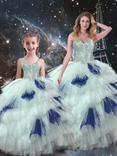 Sleeveless Floor Length Beading and Ruffled Layers Lace Up 15th Birthday Dress with Blue And White