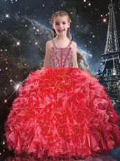 Organza Straps Sleeveless Lace Up Beading and Ruffles Little Girls Pageant Dress Wholesale in Coral Red