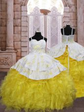 Superior Gold Sleeveless Organza Brush Train Lace Up Pageant Gowns For Girls for Quinceanera and Wedding Party