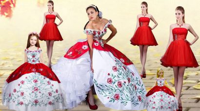 Organza and Taffeta Off The Shoulder Sleeveless Brush Train Lace Up Embroidery and Ruffled Layers Quinceanera Dresses in White And Red