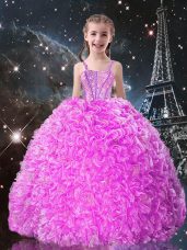 Fuchsia Ball Gowns Straps Sleeveless Organza Floor Length Lace Up Beading and Ruffles Child Pageant Dress