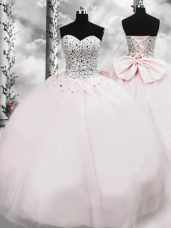 Amazing Pink Ball Gowns Tulle Sweetheart Sleeveless Beading and Bowknot Lace Up 15th Birthday Dress Brush Train