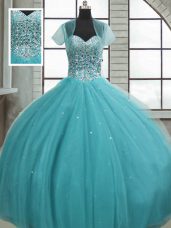 Aqua Blue Sleeveless Floor Length Beading and Sequins Lace Up 15 Quinceanera Dress