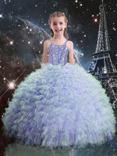 Sleeveless Floor Length Beading and Ruffles Lace Up Little Girl Pageant Dress with Light Blue