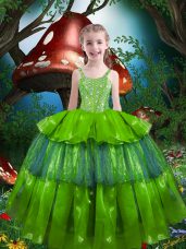 New Arrival Organza Lace Up Straps Sleeveless Floor Length Kids Formal Wear Beading and Ruffled Layers