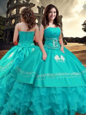 Amazing Strapless Sleeveless 15 Quinceanera Dress Floor Length Embroidery and Ruffled Layers Turquoise Taffeta