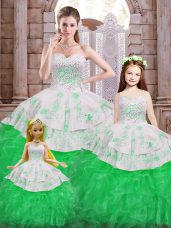 Adorable Green Organza Lace Up Sweetheart Sleeveless Floor Length Sweet 16 Dresses Beading and Appliques and Ruffles