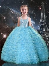 New Arrival Aqua Blue Sleeveless Tulle Lace Up Little Girl Pageant Dress for Quinceanera and Wedding Party