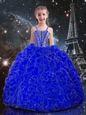 Fashion Straps Sleeveless Kids Pageant Dress Floor Length Beading and Ruffles Royal Blue Organza