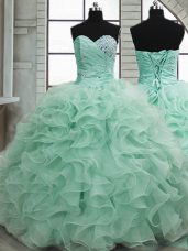 Beautiful Sleeveless Floor Length Beading and Ruffles Lace Up Quinceanera Gown with Apple Green