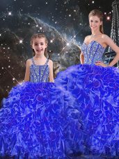Edgy Sweetheart Sleeveless Quinceanera Gowns Floor Length Beading and Ruffles Blue Organza