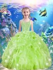 Straps Sleeveless Pageant Gowns For Girls Floor Length Beading and Ruffles Yellow Green Organza
